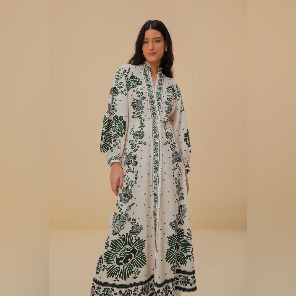 FARM Rio Cream Maxi Dress with Green Floral Print